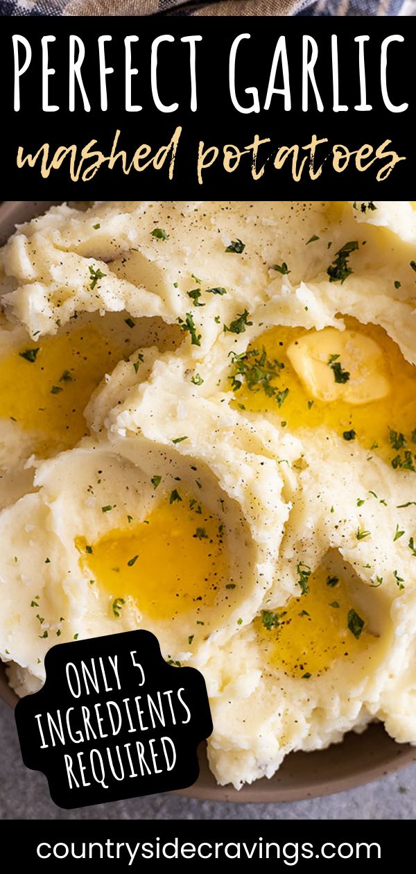 a plate with mashed potatoes and eggs on it, text overlay reads perfect garlic smashed potatoes only 5 ingredients required