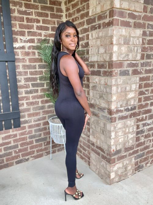 Casual Black Unitard For Summer, Casual Black Summer Unitard, Black Sleeveless Unitard For Night Out, Sleeveless Black Unitard For Night Out, Sleeveless Stretch Bodysuit For Night Out, Stretch Sleeveless Bodysuit For Night Out, Black Sleeveless Jumpsuit For Workout, Sleeveless Black Jumpsuit For Workout, Black Sleeveless Workout Jumpsuit