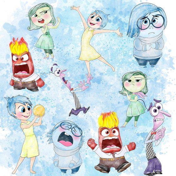 an image of cartoon characters in various poses and expressions on blue watercolor paint background