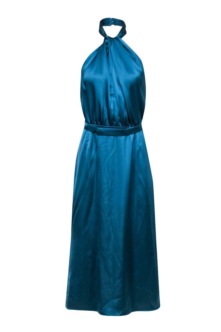 Current Boutique-UNDRESS - Dusty Blue Satin Halter Midi Dress Sz L Mule Heels, Waist Sash, Halter Midi Dress, Who Said, Blue Satin, Invisible Zipper, Dusty Blue, Snap Button, Mule