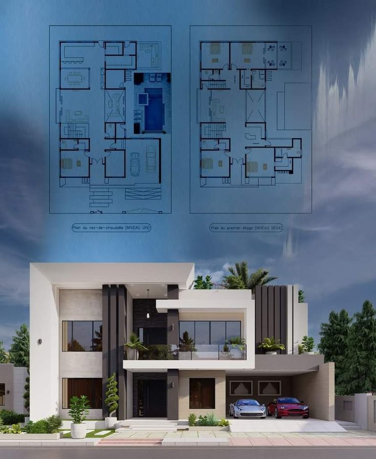 an architectural rendering of a house with two floors and three car parking spaces on the second floor