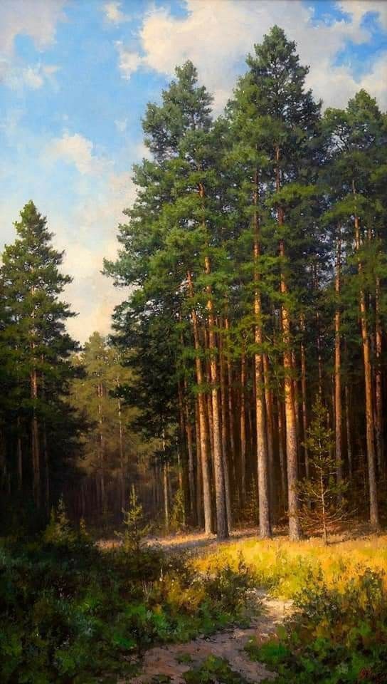 an oil painting of trees in the woods