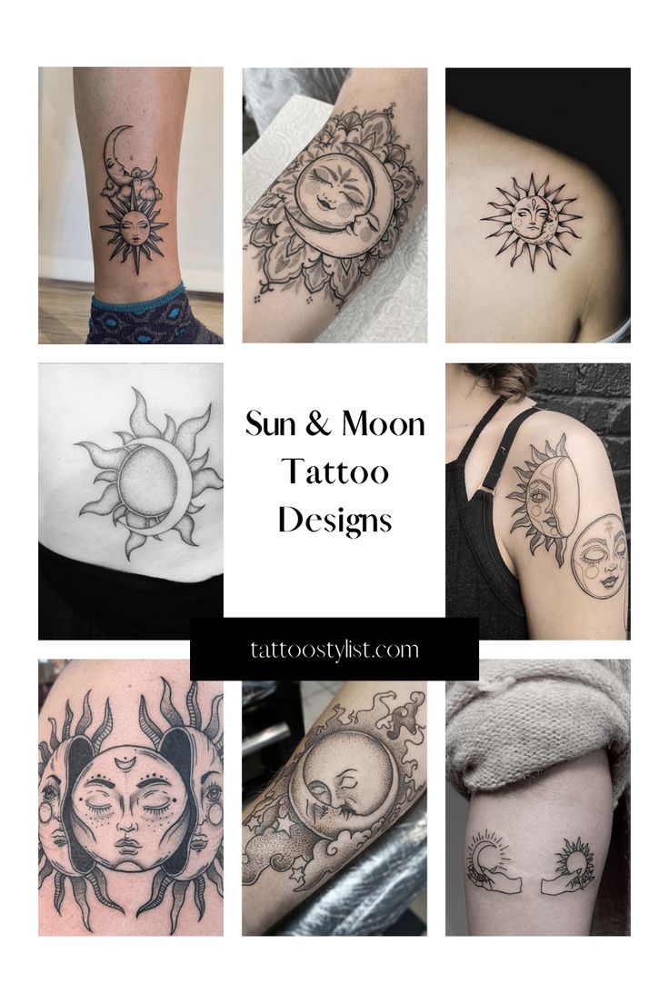 the sun and moon tattoo designs are shown in this collage, with different images