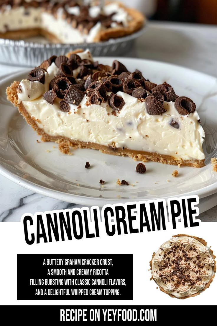 an advertisement for a pie with chocolate chips on top and the words cannoli cream pie above it