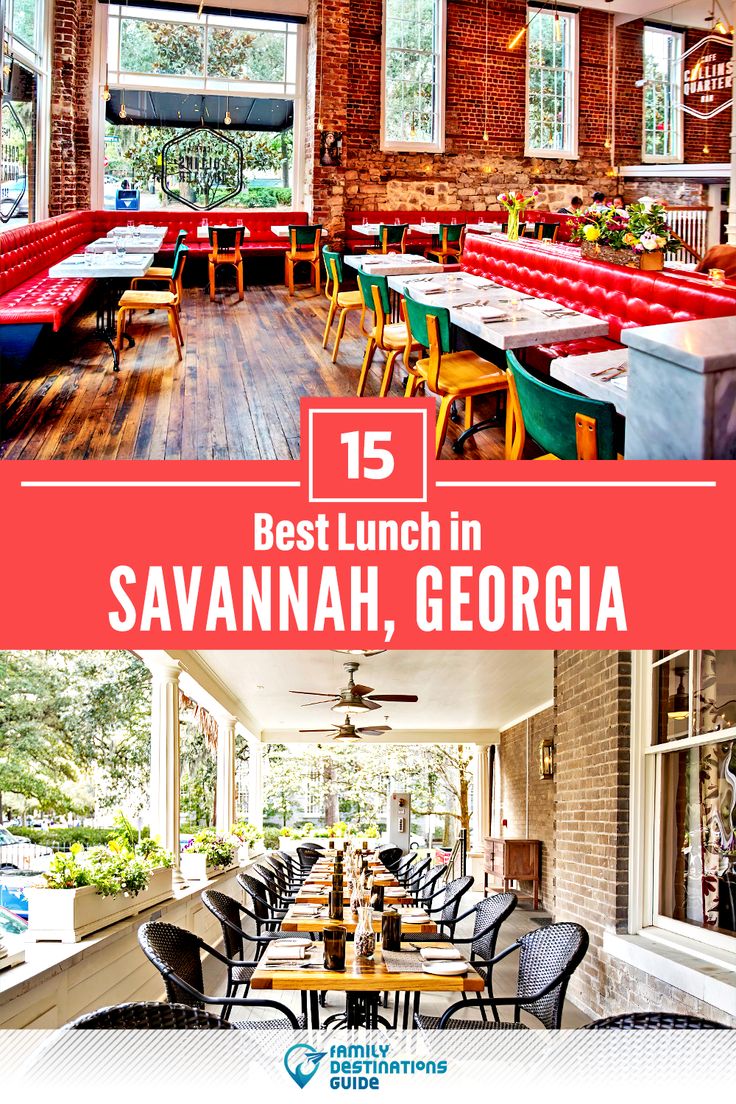 the inside of a restaurant with tables, chairs and benches in front of large windows that read 15 best lunch in savannah, georgia