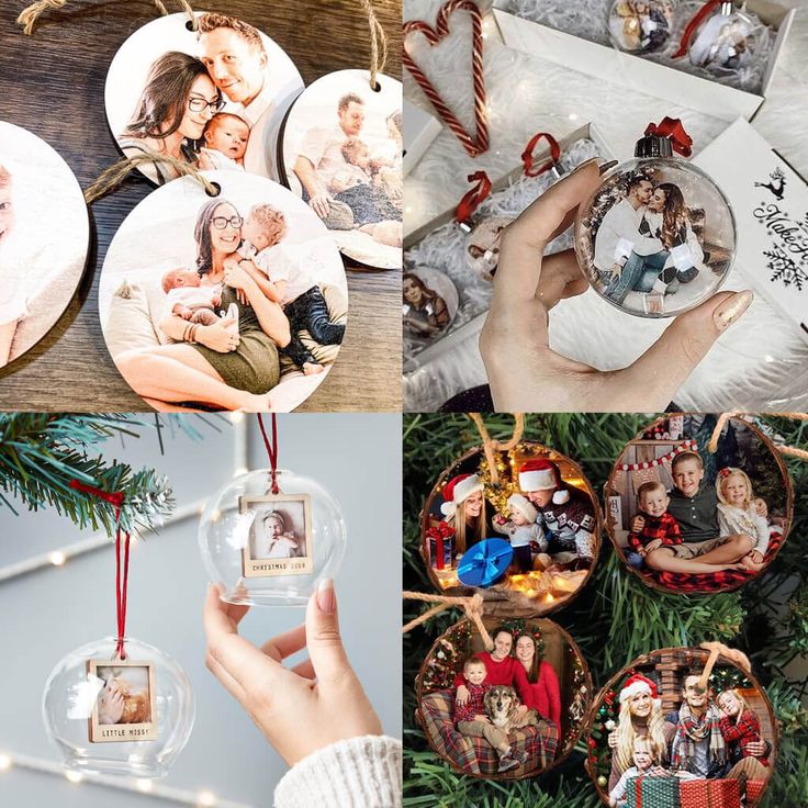 a collage of christmas ornaments with family pictures on them and hanging from the tree