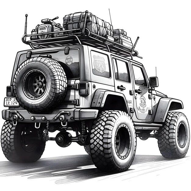 a black and white drawing of a jeep with luggage on top