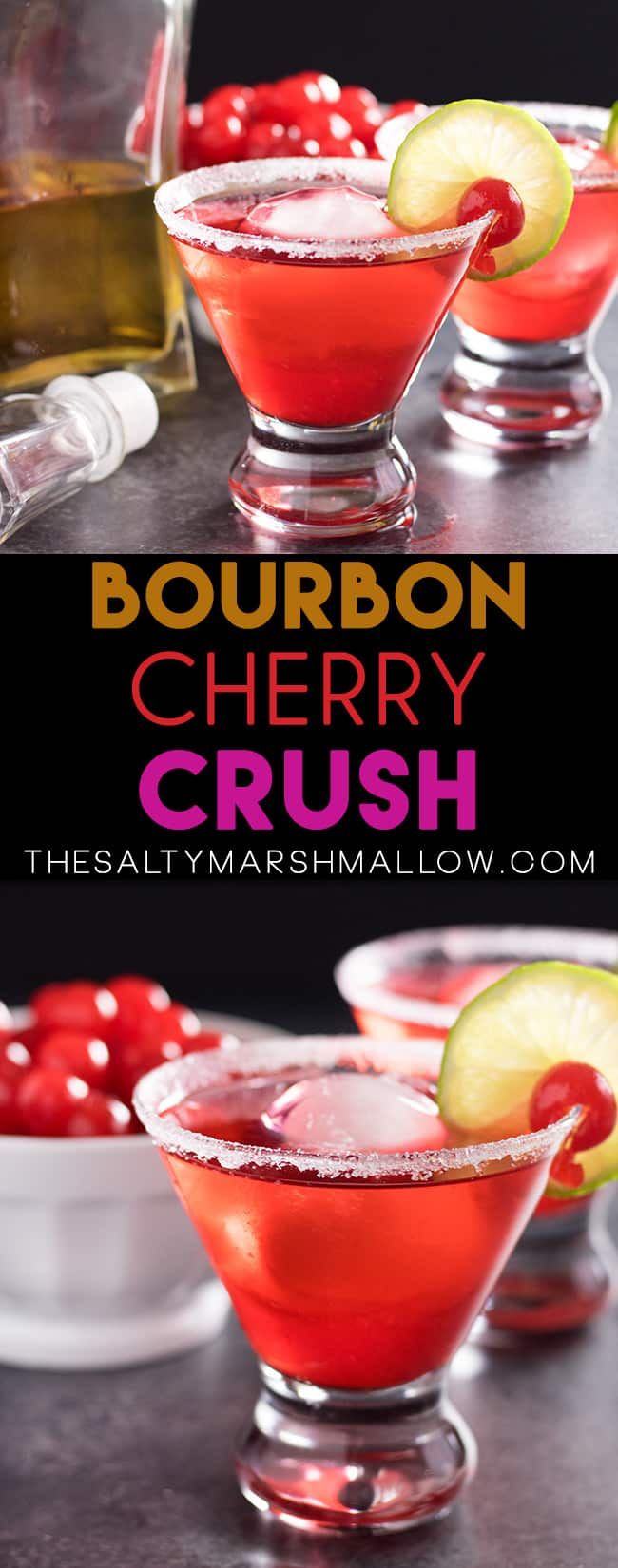 bourbon cherry crush cocktail in small glasses with limes and cherries on the rim