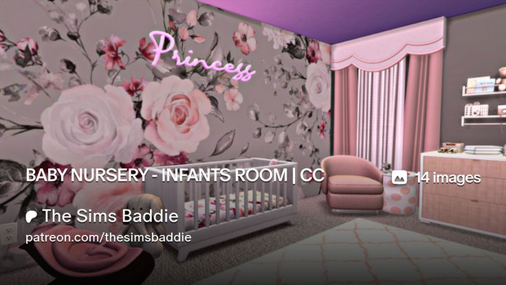 a baby nursery room with pink flowers on the wall