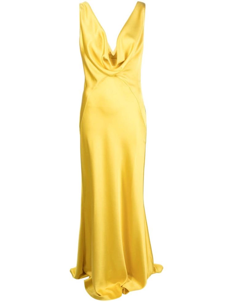 Shop PINKO cowl-neck satin gown Executive Wear, Outfit Essentials, Designer Evening Gowns, Yellow Satin, Designer Evening Dresses, Versace Outfit, City Dress, Satin Gown, Boutique Online