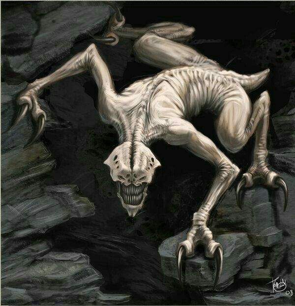 a painting of a skeleton crawling on rocks with claws in its mouth and feet spread out