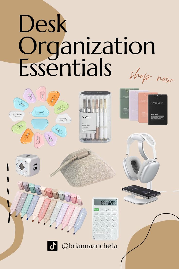 the front cover of a desk organization essentials book with headphones and other items