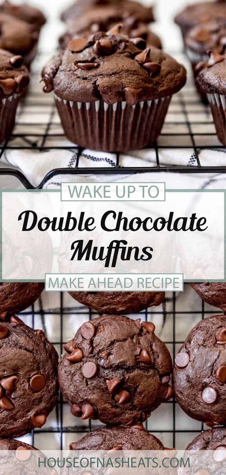 double chocolate muffins on a cooling rack with text overlay