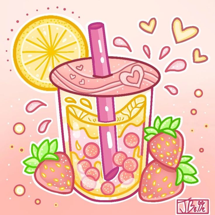 a drawing of a drink with strawberries and lemons on the table next to it