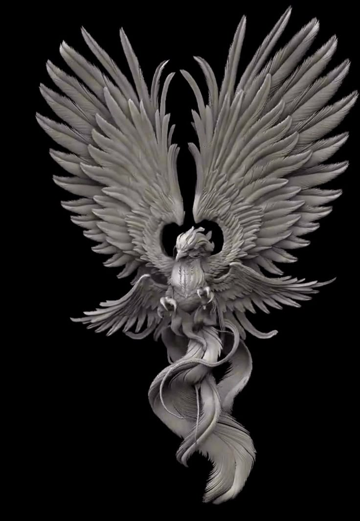 a statue of an angel with wings and a snake on it's back, against a black background