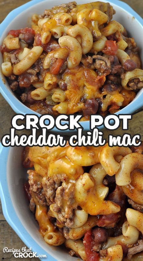 crock pot cheddar chili macaroni and cheese in a blue bowl