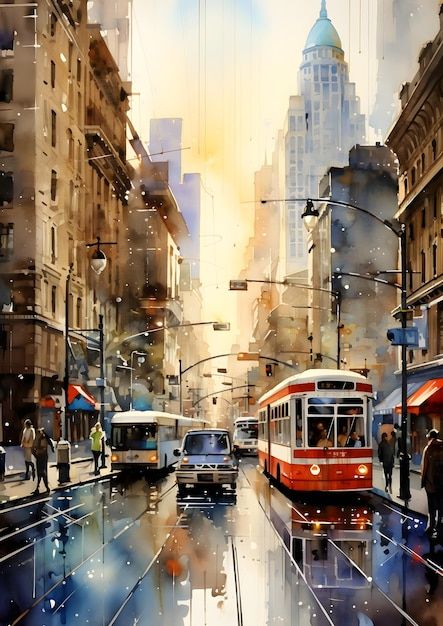 a painting of a city street filled with traffic and people walking on the side walk