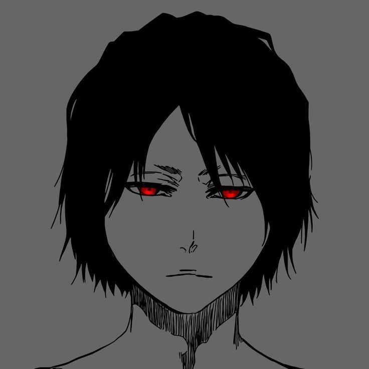 an anime character with red eyes and black hair, looking at the camera from behind