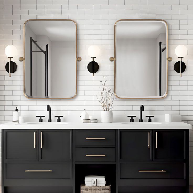 a bathroom with double sinks and two mirrors on the wall next to eachother