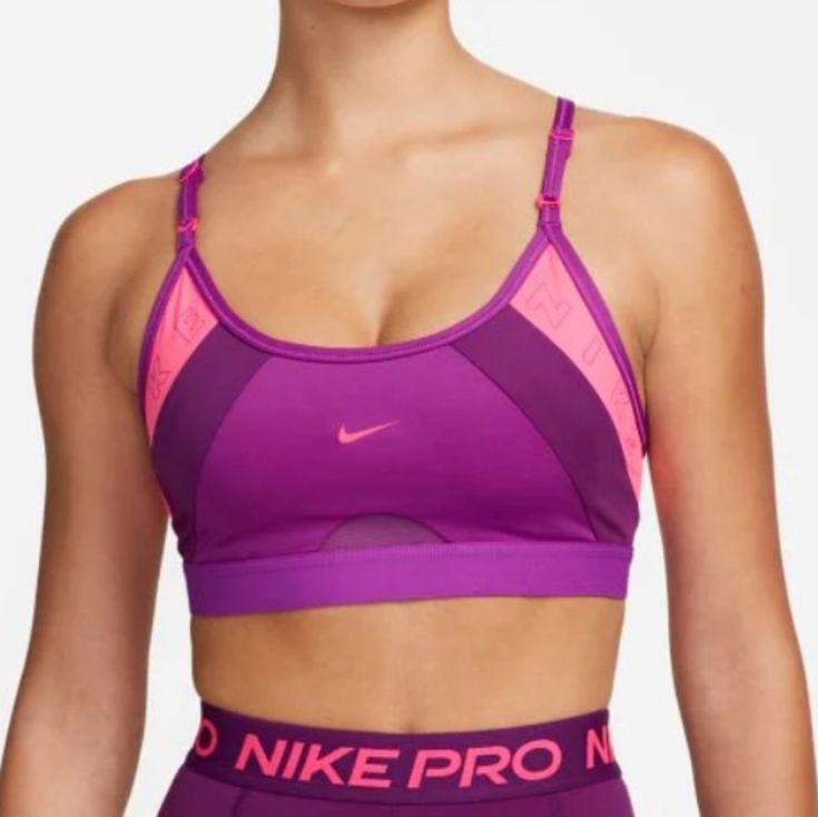 Nwt Women's Nike Dri-Fit Low Support Sports Bra. It Has Removable Cups/Pads, Adjustable Shoulder Straps And Mesh Panel At The Back. Functional Purple Sports Bra With Light Support, Purple Sports Bra With Medium Support, Purple Sports Bra For Training, Sporty Purple Sports Bra With Medium Support, Purple Light Support Activewear For Sports, Purple Medium Support Sports Bra, Purple Sports Bra For Training With Medium Support, Purple Sports Bra With Medium Support For Training, Purple Moisture-wicking Sports Bra With Medium Support