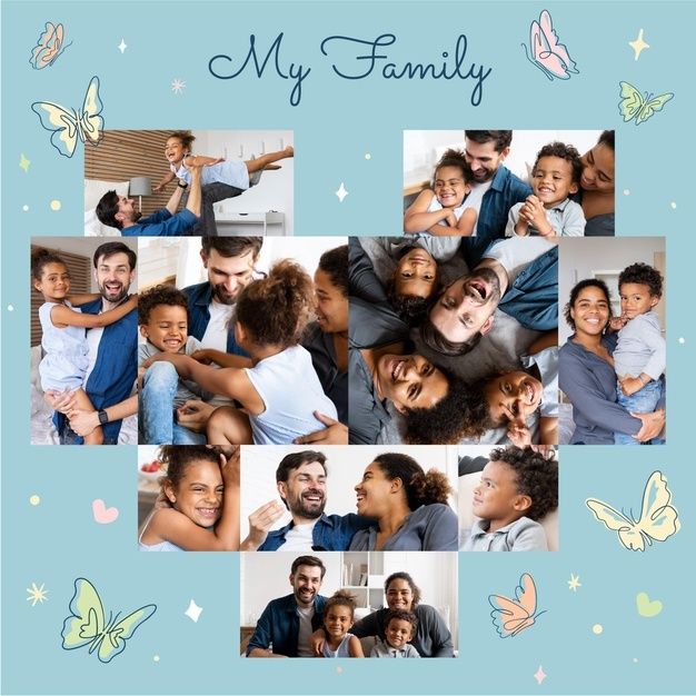 a family photo collage with the words my family surrounded by pictures of people and butterflies