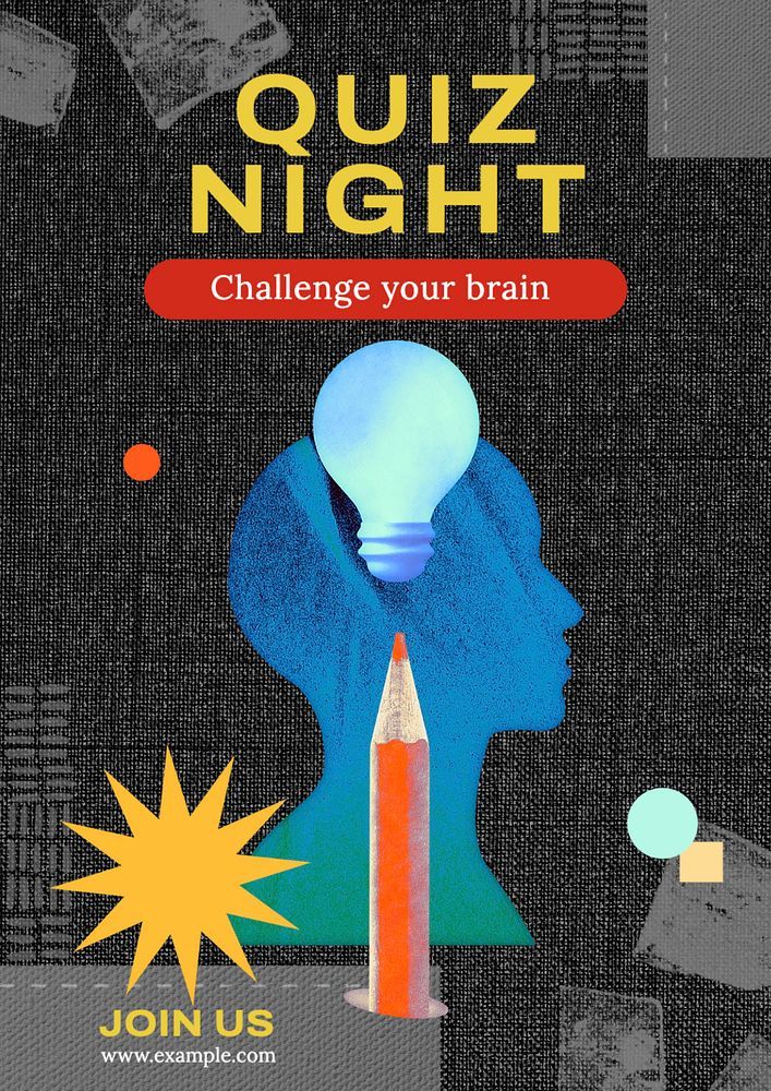 a poster with an image of a pencil and a light bulb in the shape of a person's head