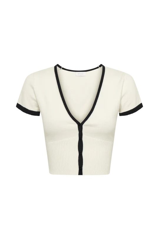 Jolene Contrast Button Up Knit Top - White- MESHKI U.S Rib Skirt, Summer Business Casual Outfits, Long A Line Skirt, Casual Chic Summer, Ivory Colour, Business Casual Summer, White Knit Top, Slim Fit Crop Top, Ribbed Skirt