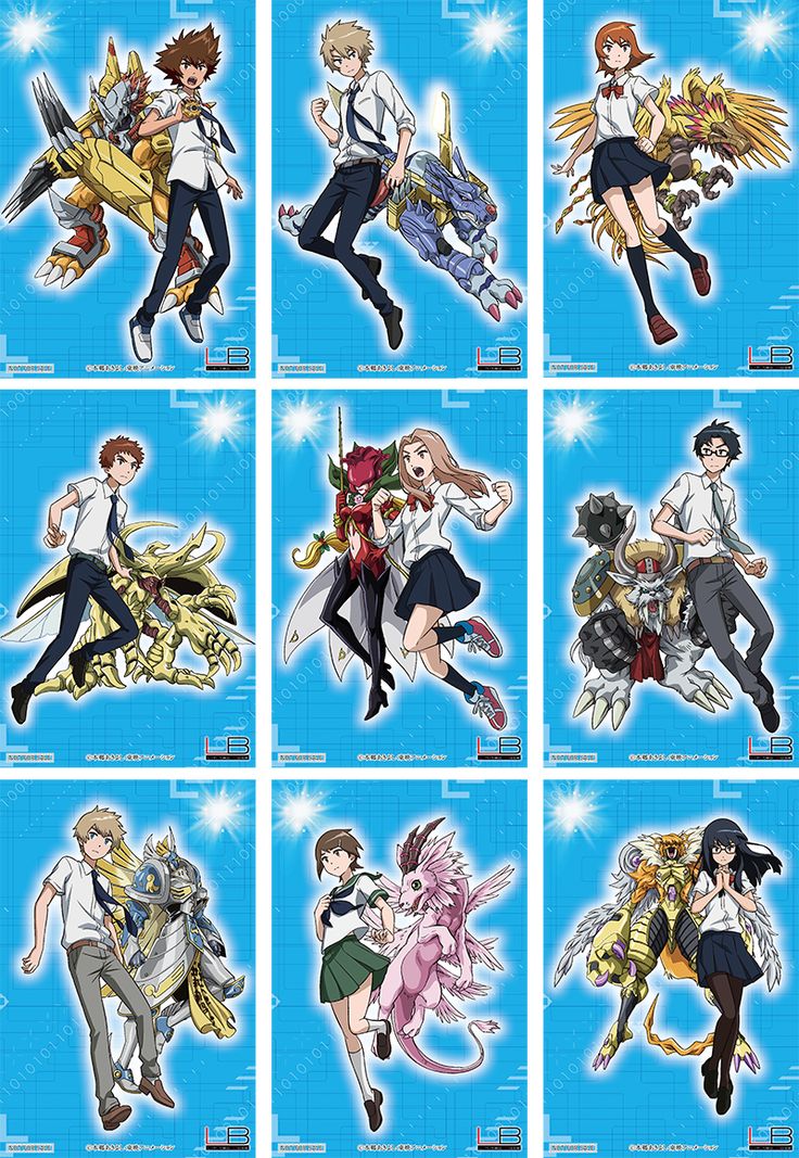 nine anime characters in different poses on blue background