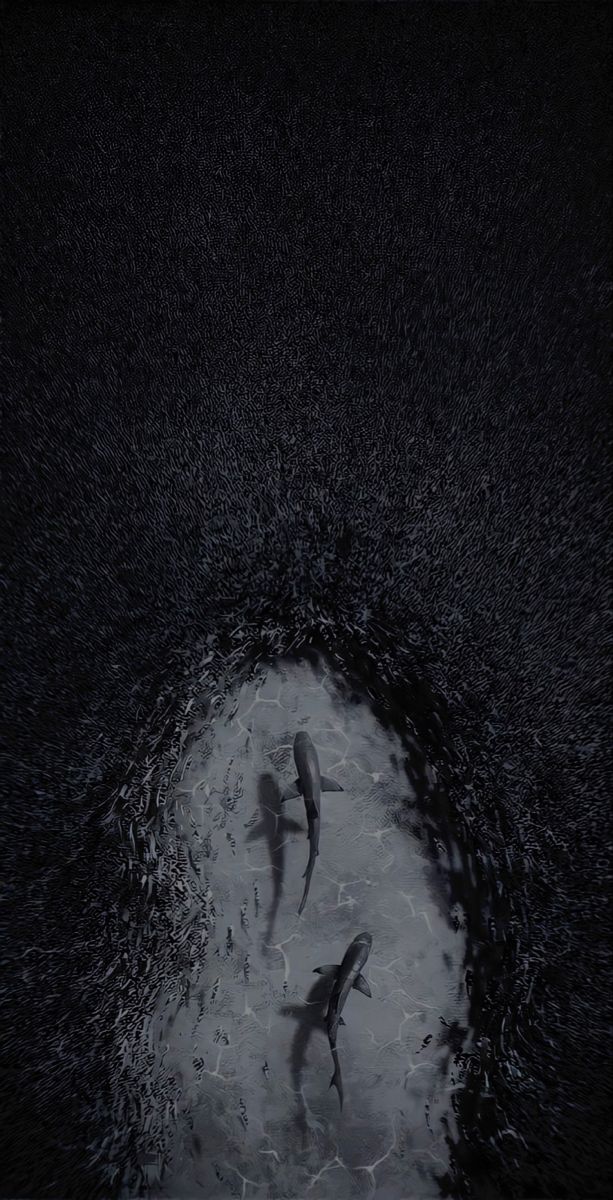 two people are swimming in the water at night with their shadows on the water surface