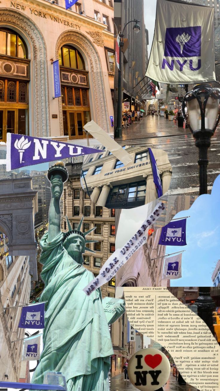 the statue of liberty is surrounded by many different photos and signs in new york city