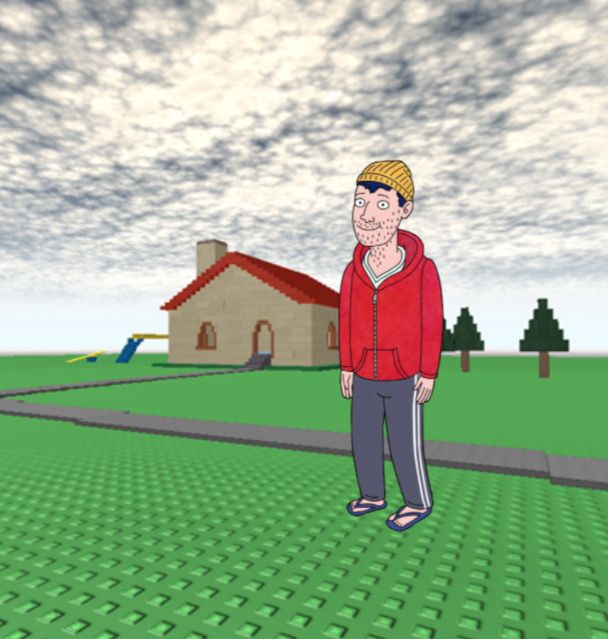 a cartoon man standing in the middle of a green field with a house behind him