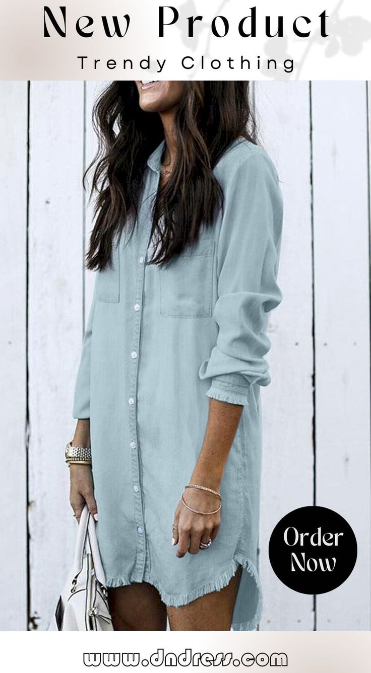 Denim Long Sleeve Shirt Dress Casual Collared Shirt Dress In Solid Color, Casual Collared Solid Color Shirt Dress, Fall Cotton Shirt Dress With Roll-up Sleeves, Non-stretch Button-up Denim Dress, Casual Shift Shirt Dress, Casual Long Sleeve Shirt Dress With Pockets, Casual Solid Color Shirt Dress For Summer, Casual Solid Shirt Dress With Button Closure, Casual Cotton Shirt Dress In Solid Color