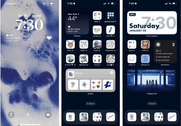 three iphone screens with different themes on them