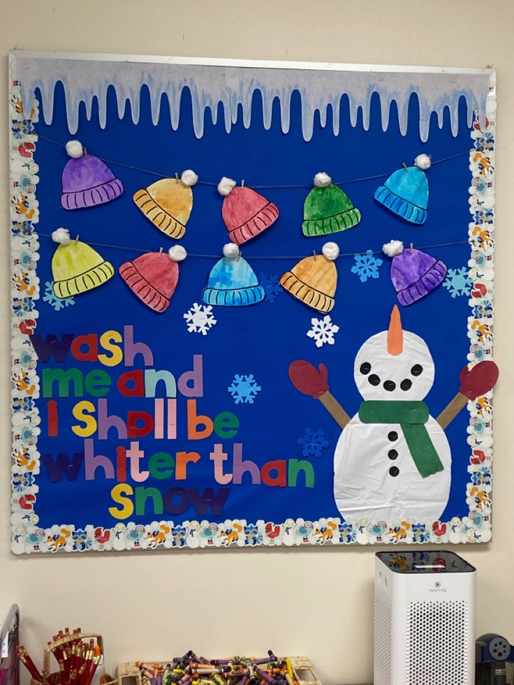 a bulletin board with snowmen and hats hanging from it's sides on a wall