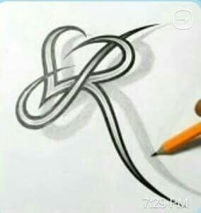 a pencil drawing a knot on top of a piece of paper with the letter r in it