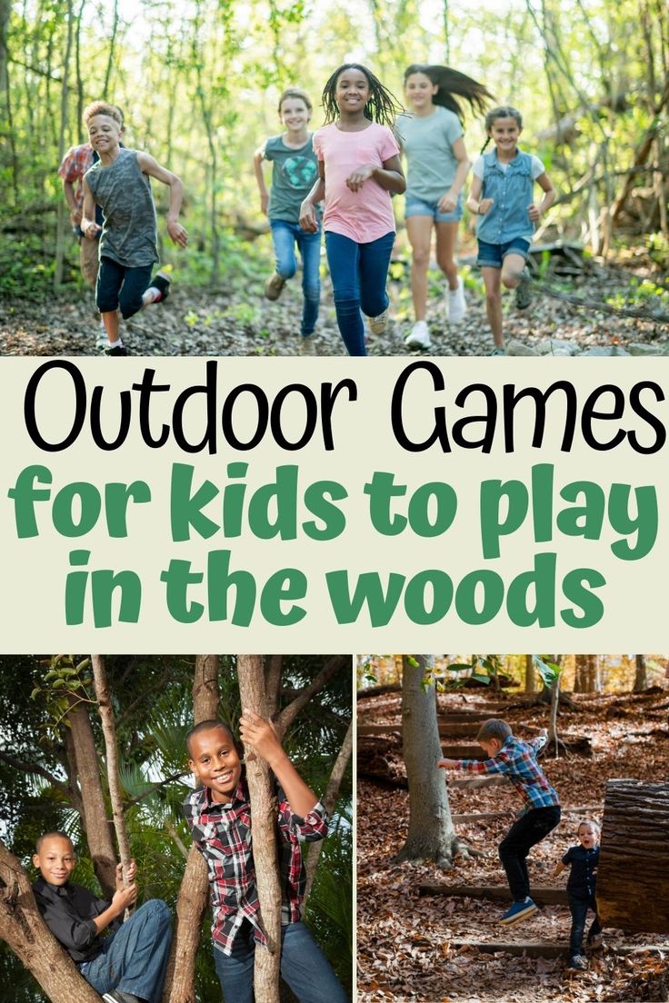 kids playing in the woods with text overlay that reads outdoor games for kids to play in the woods