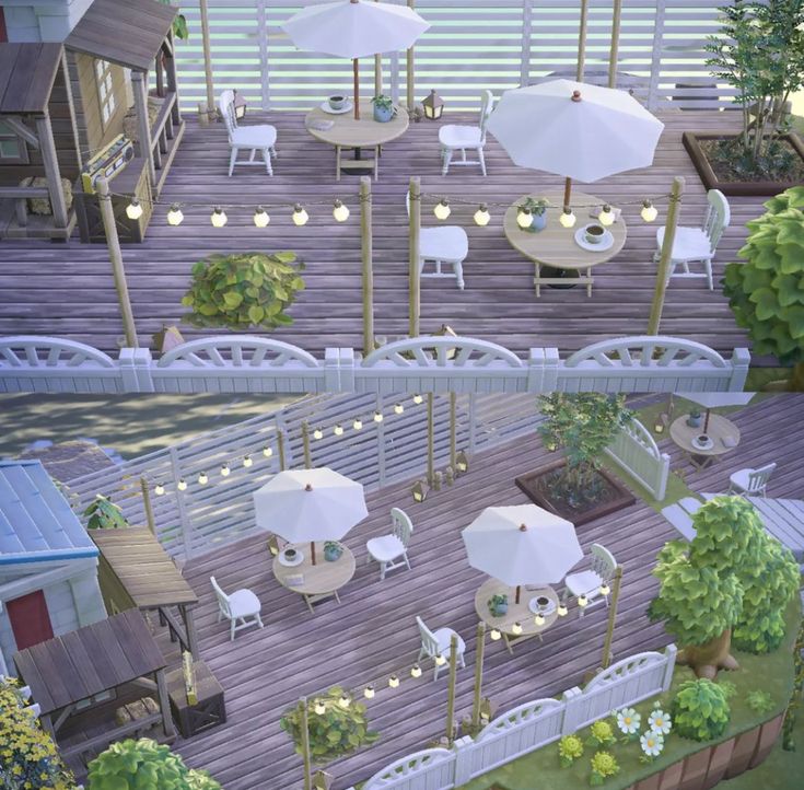 an artist's rendering of a deck with tables and umbrellas