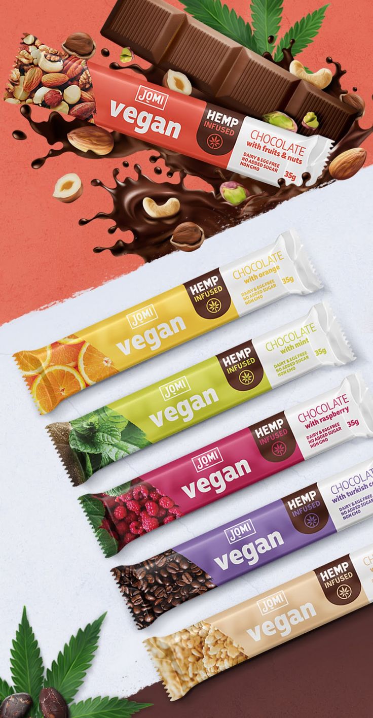 an advertisement for vegan chocolate bars with nuts and fruit