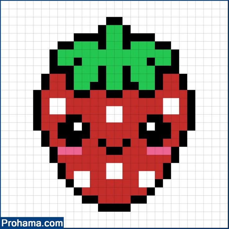 a pixellated image of a red strawberry with green leaves on it's head