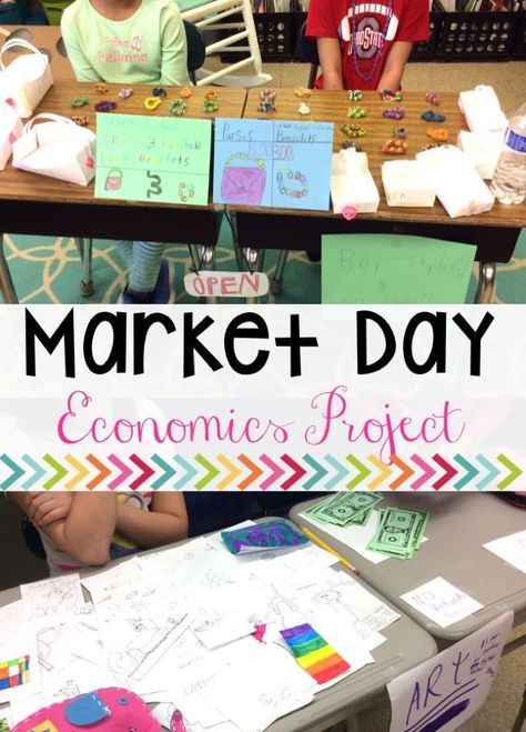 two children sitting at a table in front of a sign that says market day economic project