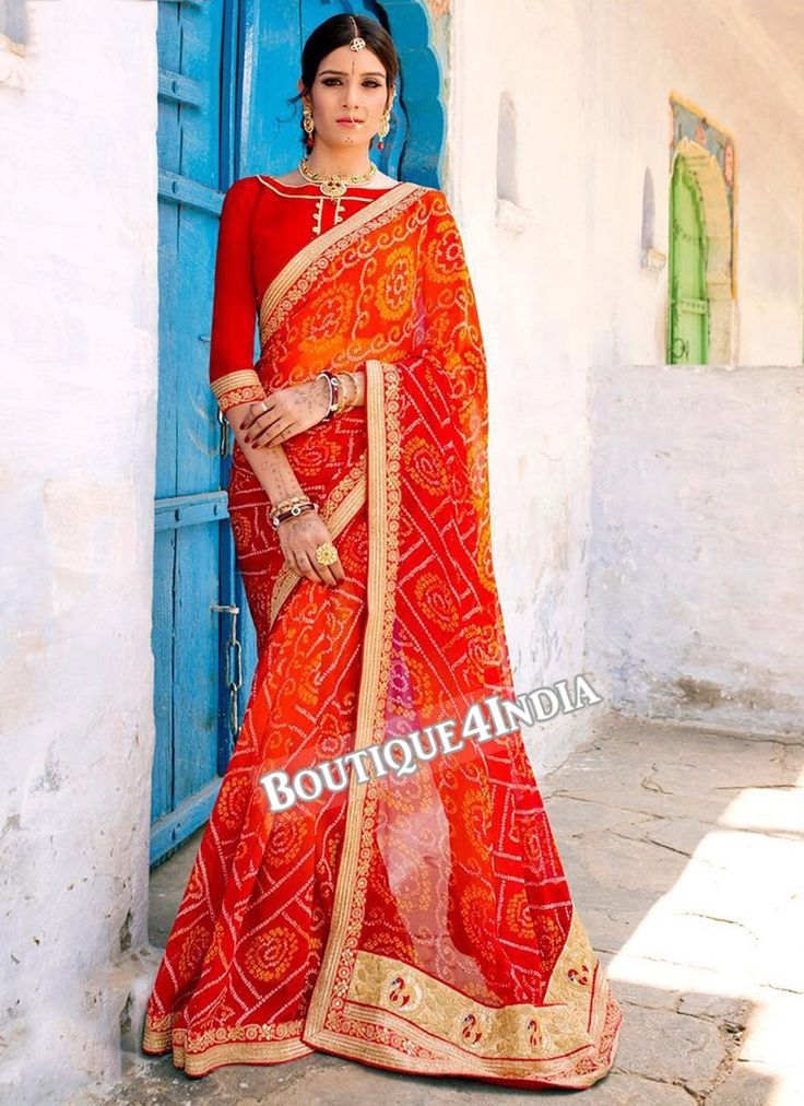 Orange and red Georgette Bandhani Print Saree Indian Bridal Photography, Lehanga Saree, Bandhej Suits, Latest Saree Trends, Brocade Lehenga, Raw Silk Saree, Designer Silk Sarees, Bandhani Saree, Saree Trends