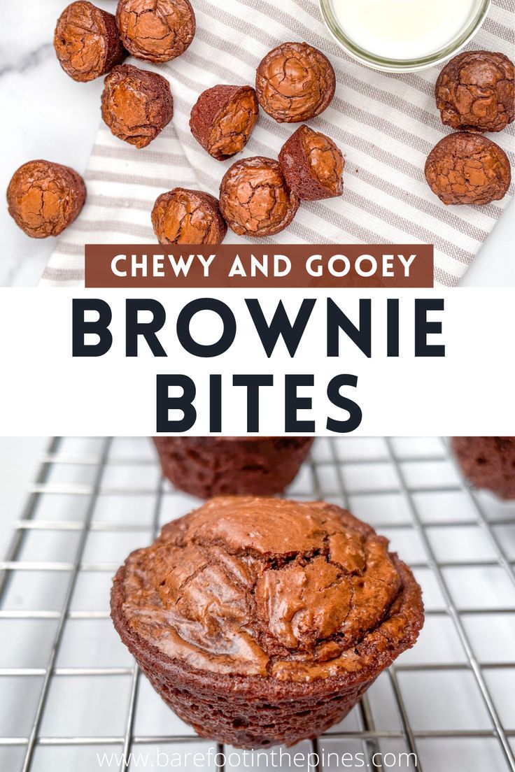 chewy and gooey brownie bites on a cooling rack next to a glass of milk