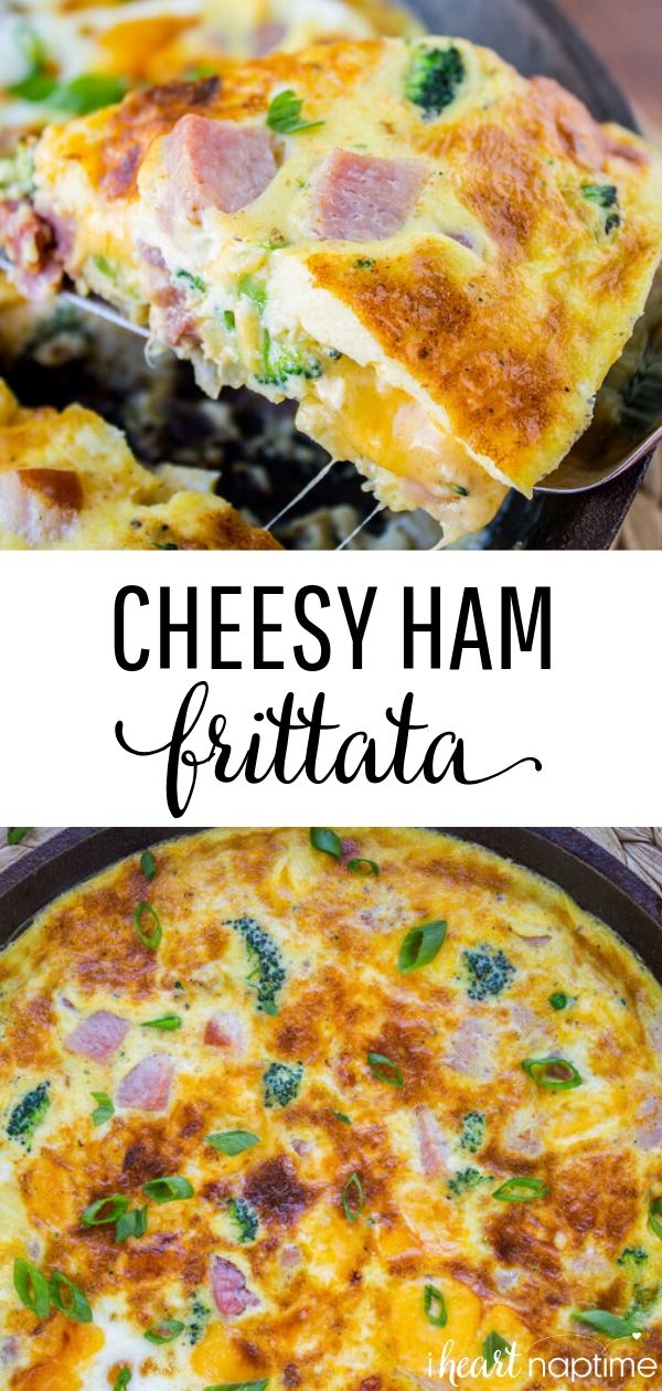 cheesy ham frittata in a cast iron skillet