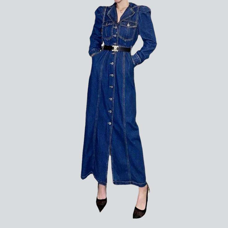 Make a statement this season with our 2023 Spring-Summer Collection long sleeve buttoned denim dress. 90s style! This timeless piece of fashion is the perfect combination of style and comfort. offering you a timeless and chic look. Crafted from a medium wash denim in a classic slim fit. this dress features a distinctive distressed pattern that will add an edgy touch to your style. With a buttoned closure and a stretchy fit. you'll be able to move around comfortably all day long. Perfect for any Chic Long Sleeve Denim Blue Denim Dress, Chic Long Sleeve Denim Blue Dress, Dark Wash Buttoned Dress For Fall, Chic Long Sleeve Medium Wash Denim Dress, Dark Wash Long Sleeve Dress With Buttons, Denim Blue Buttoned Dress For Fall, Chic Denim Dress With Button Closure For Fall, Chic Long Sleeve Dark Wash Denim Dress, Fall Midi-length Denim Dress With Buttons