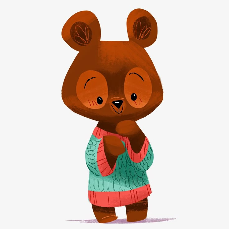 a brown bear wearing a sweater and holding his hands together