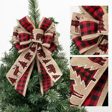 the christmas tree is decorated with red and black plaid ribbon