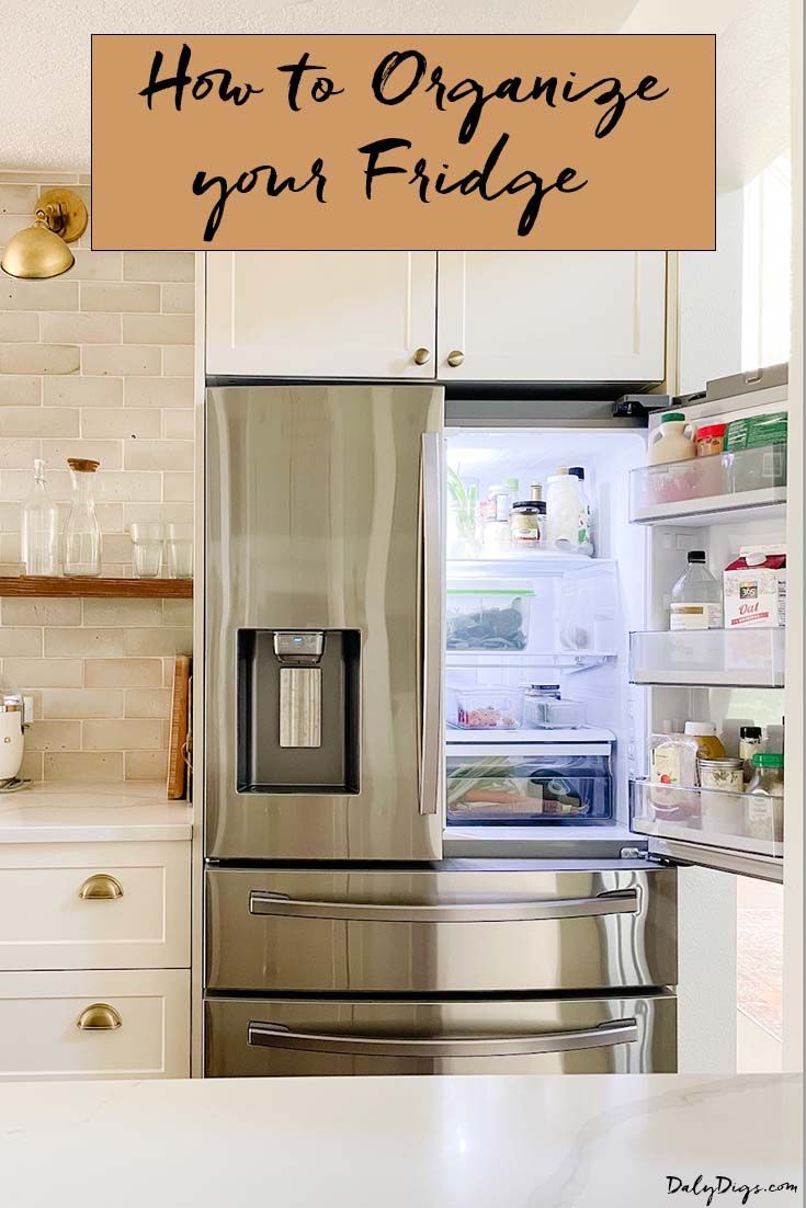 a refrigerator with the door open and text overlaying how to organize your fridge