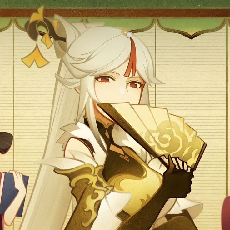 an anime character with white hair holding a fan