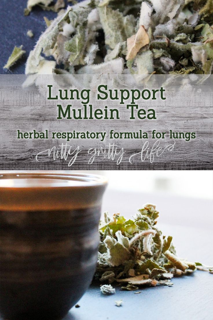 a wooden bowl filled with green tea next to a pile of dried herbs and the words lung support mullein tea