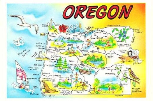 a map of the state of oregon with birds and seagulls flying over it